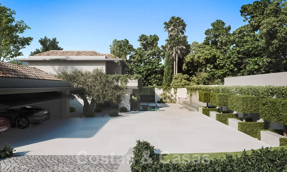 Terrain à bâtir avec un projet de villa design innovante à vendre en bordure de golf, dans un quartier résidentiel fermé et sécurisé à Nueva Andalucia, Marbella 62560